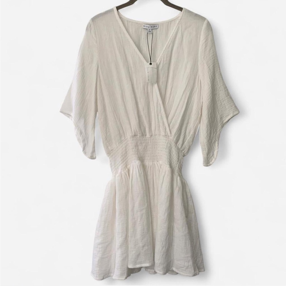New Coquette Beachy White Gauze Miou Muse Smocked Waist Mini Dress size M